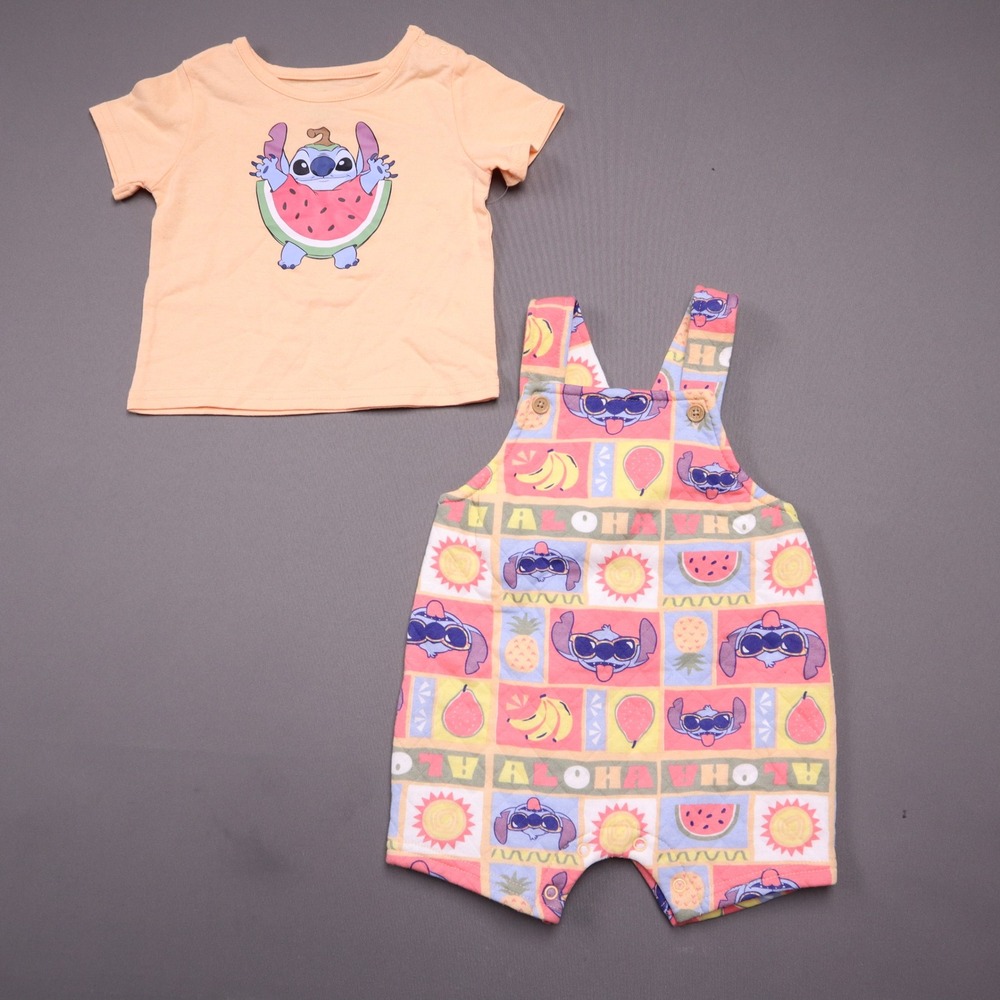 Disney Baby Stitch Melon Overall Set BoxLunch Peach T-Shirt Shortalls 9M NEW